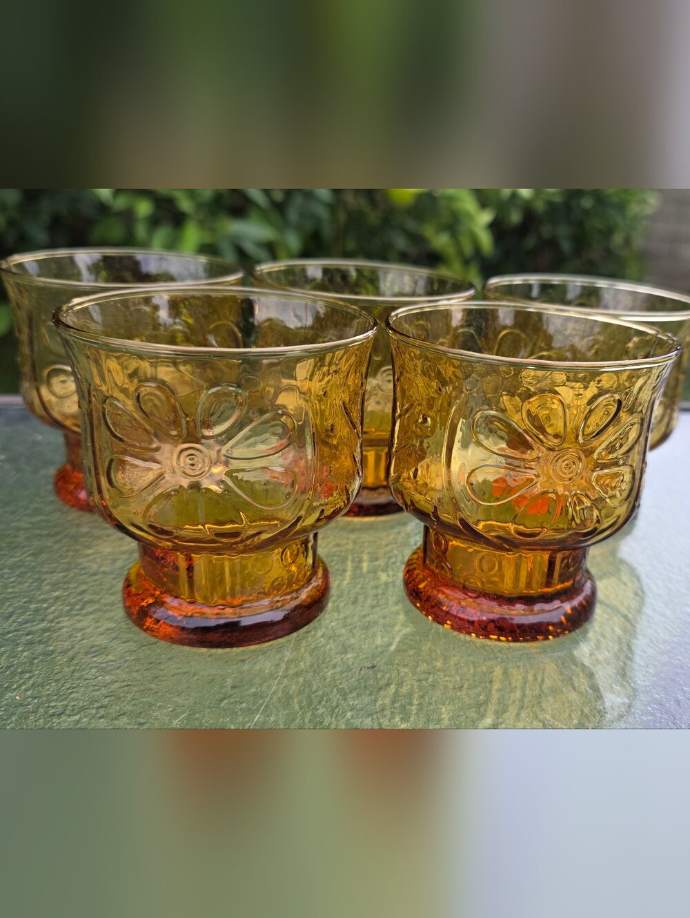 Vintage Libbey Country Garden Amber Daisy Pedestal Glasses Set of 5 Retro